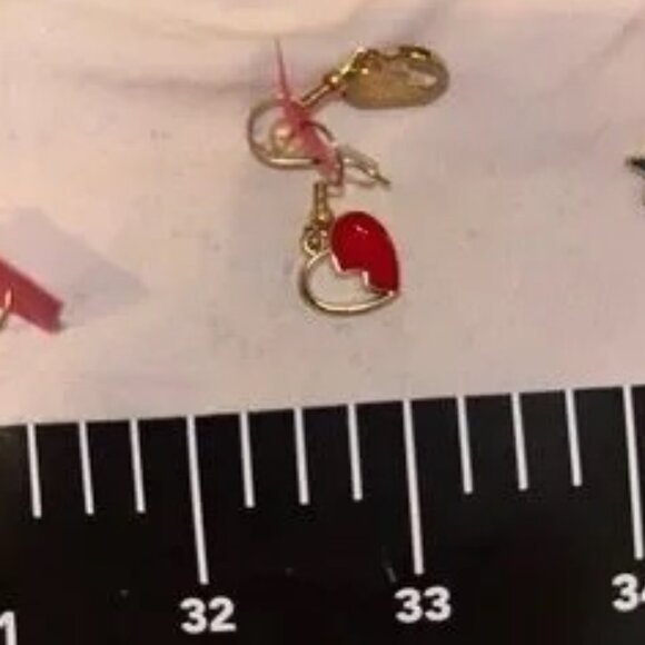 Gold and Red Heart Charm Earrings broken half heart earrings nwt Neimans - Picture 3 of 5